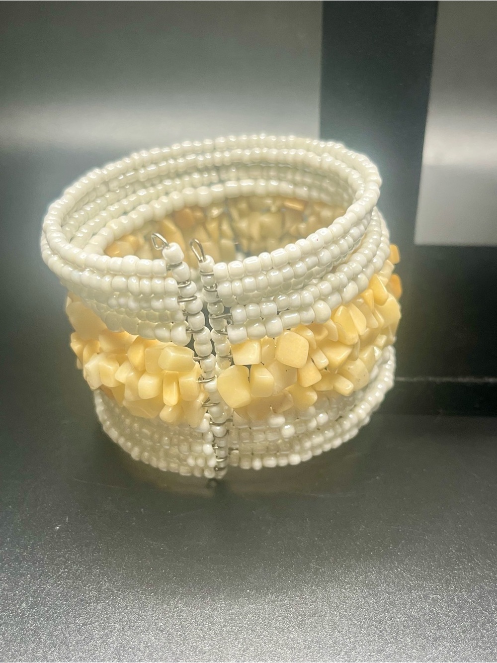 Vintage white seed bead cuff bracelet cream chip bead wide statement bracelet